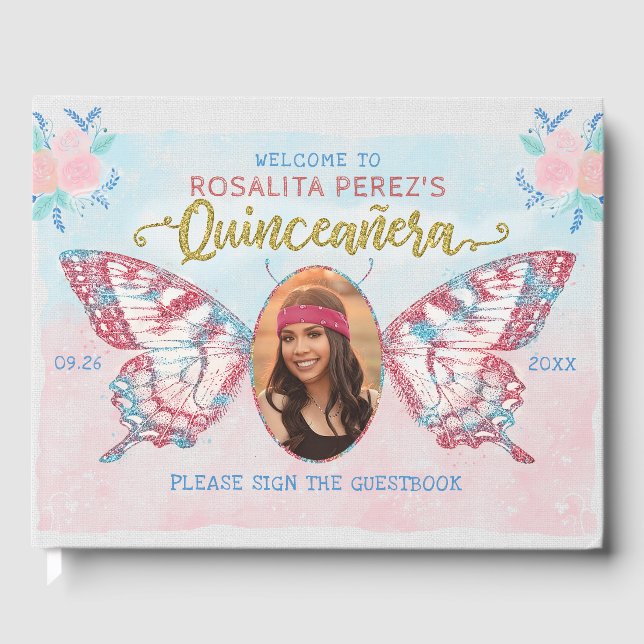 Butterfly with Photo Quinceanera Sweet 15 Birthday Guest Book (Front)
