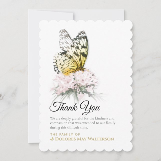 Butterfly with Pink Flower Sympathy Thank You Card (Front)