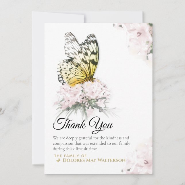 Butterfly with Pink Flower Sympathy Thank You Card (Front)