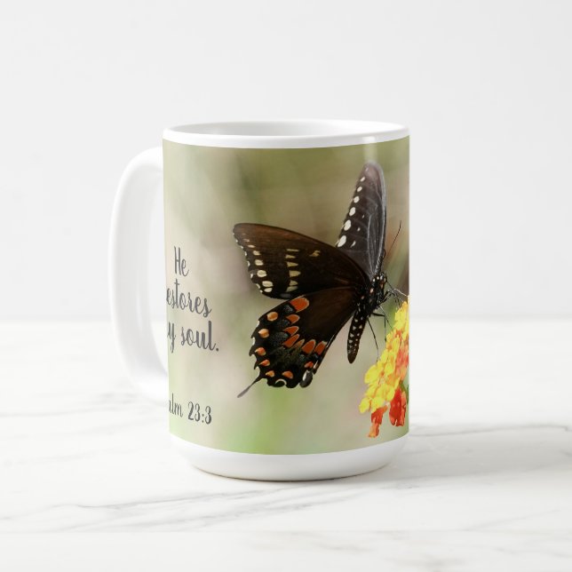 Butterfly with Psalm verse 23:3 Coffee Mug (Front Left)