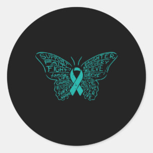 Butterfly Words Teal Ribbon Support Ovarian Cancer Classic Round Sticker
