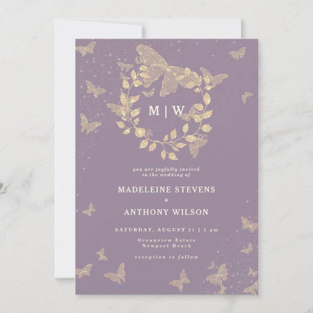 Butterfly Wreath Lilac Gold Monograms Wedding Invitation (Front)