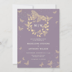 Butterfly Wreath Lilac Gold Monograms Wedding Invitation