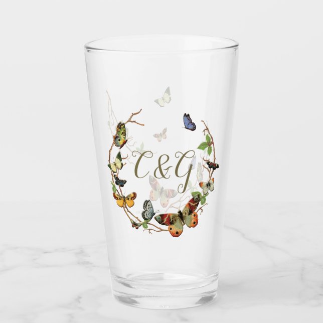 Butterfly Wreath Monogram Drinking Glasses (Front)