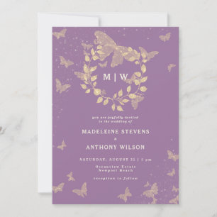 Butterfly Wreath Purple Gold Monograms Wedding Invitation