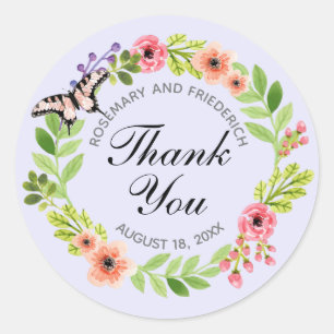 Butterfly Wreath Wedding Thank You Lavender Classic Round Sticker