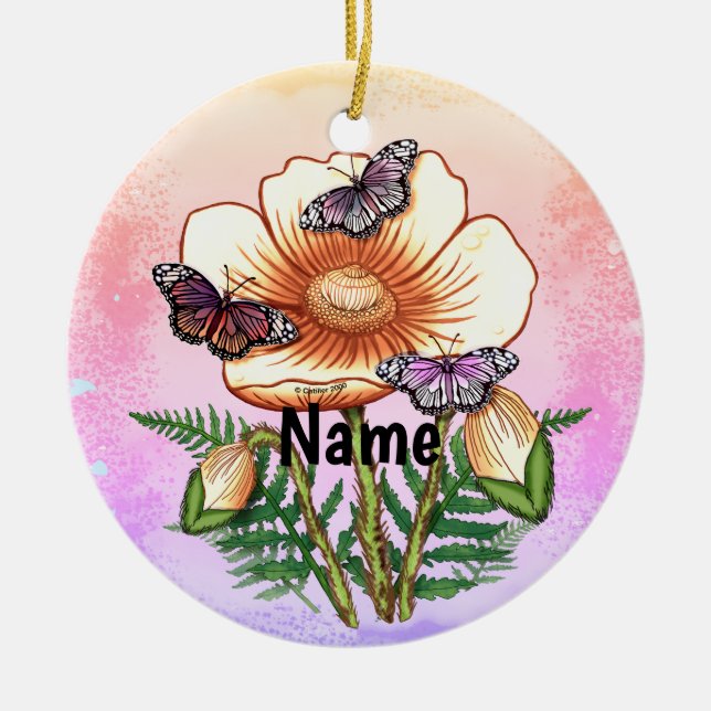 Butterfly Yellow Poppy  Ceramic Tree Decoration (Front)