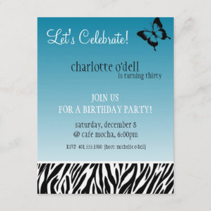 butterfly; zebra print birthday invitation