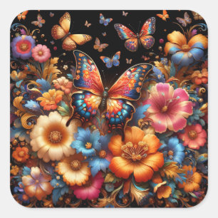Butterflys and flowers pattern square sticker