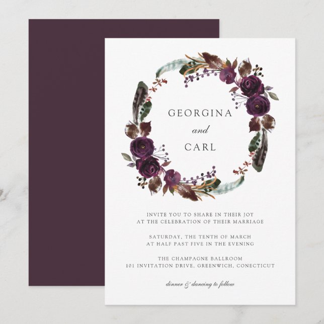 Butterum & Plum Wreath Wedding Invitation (Front/Back)