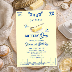 Buttery One Blue Yellow Butter 1st Birthday Invitation