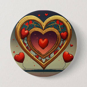 Buttom with printed golden heart image design  7.5 cm round badge