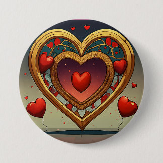 Buttom with printed golden heart image design  7.5 cm round badge