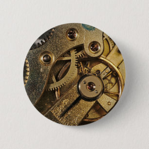 Button: Brass Hearted. Watch Mechanism 6 Cm Round Badge