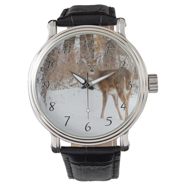 Button Buck Deer in Winter White Snowy Field Watch (Front)