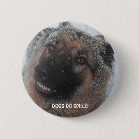 Button German Shepherd In The Snow Smiling