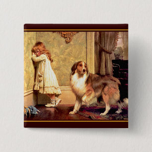 Button: Girl with Pet Sheltie 15 Cm Square Badge