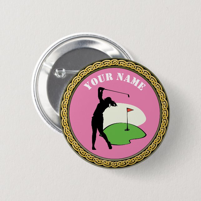 Button-  Golf - Add Name - pink 6 Cm Round Badge (Front & Back)