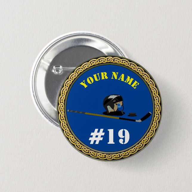 Button-  Hockey Player - Add Name & Number 6 Cm Round Badge (Front & Back)