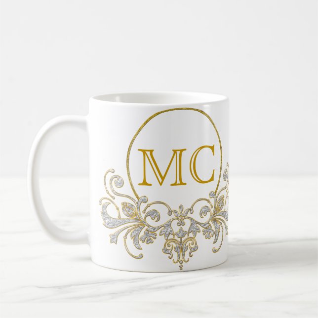 Button RETRO ORNAMENT + your monogram Coffee Mug (Left)