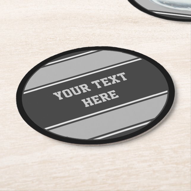 BUTTON ROUND stripes grey + your text Paper Coaster (Angled)