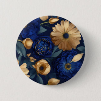 Button."Royal Indigo Florals: Luxurious Dark Blue  6 Cm Round Badge
