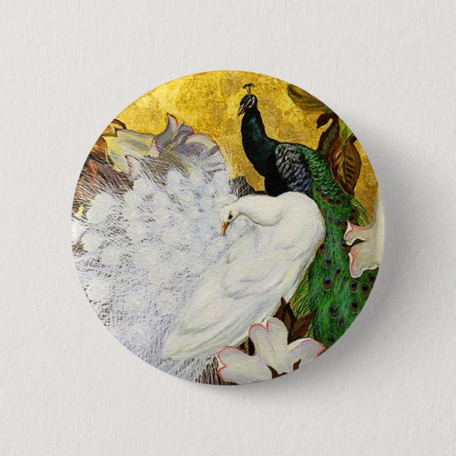 Button: White and Blue Peacocks 6 Cm Round Badge (Front)