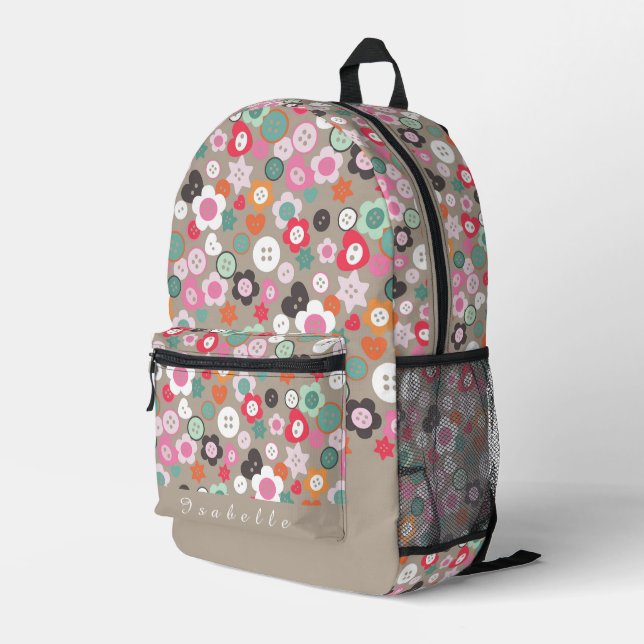 Buttons Brown Printed Backpack (Back Corner Right)