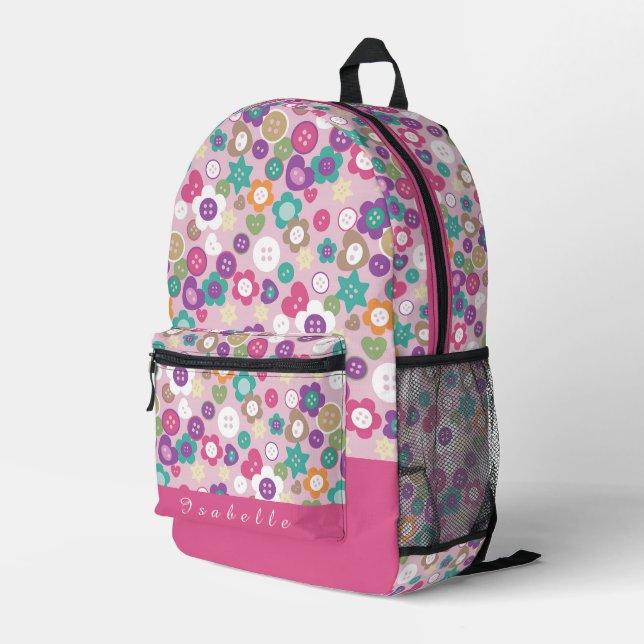 Buttons Pink Printed Backpack (Back Corner Right)