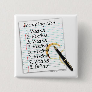 BUTTONS, VODKA SHOPPING LIST 15 CM SQUARE BADGE