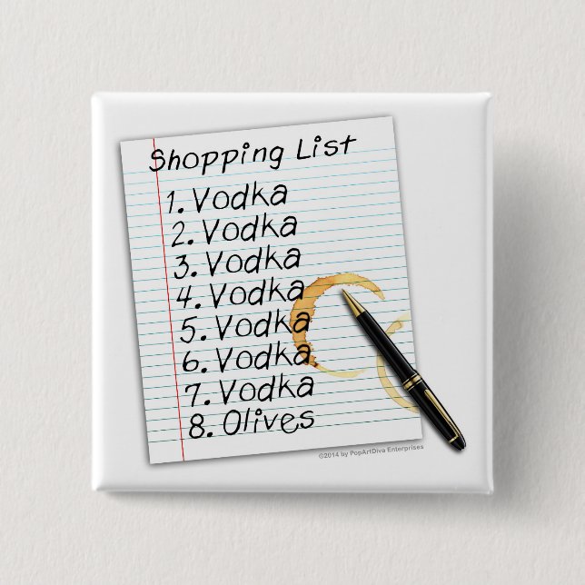 BUTTONS, VODKA SHOPPING LIST 15 CM SQUARE BADGE (Front)
