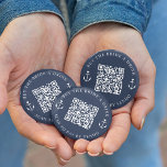 Buy the Bride a Drink Bachelorette Party QR Code 6 Cm Round Badge<br><div class="desc">Round up some free drinks for the bride at her bachelorette party or bachelorette weekend with these personalised QR code buttons in nautical navy blue and white. Design features two lines of custom text (shown with "buy the bride a drink" and "scan to pay by Venmo") in white lettering, with...</div>