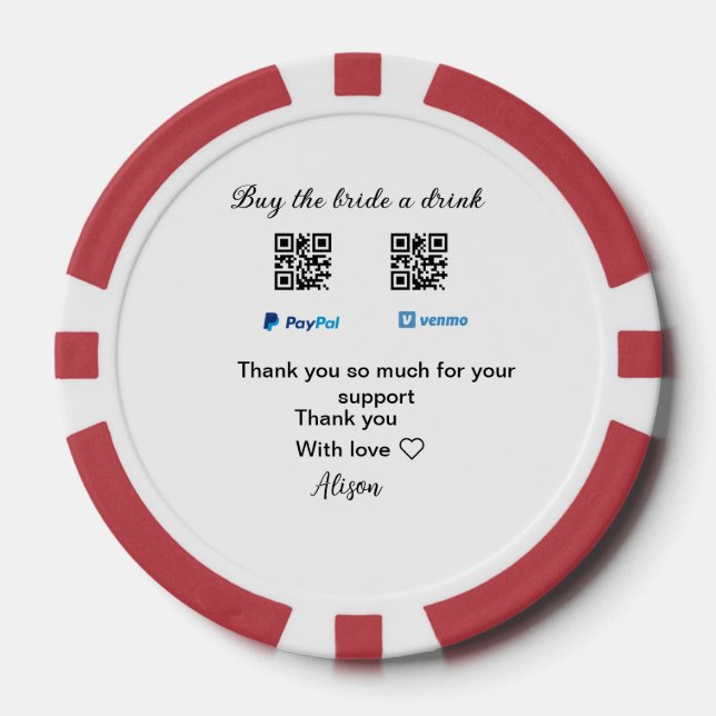 Buy the bride a drink donation QR Venmo PayPal  Poker Chips (Front)