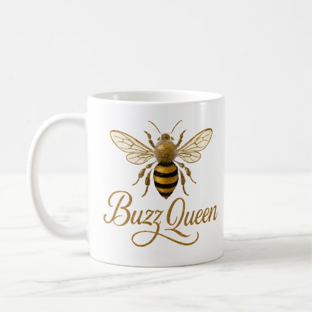 Buzz Queen Gold Glitter Bee Coffee Mug (Left)