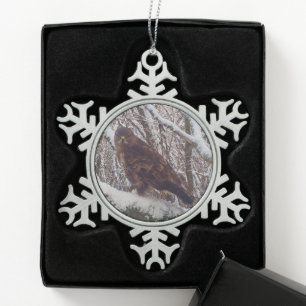 Buzzard on a Snowy Branch Snowflake Pewter Christmas Ornament