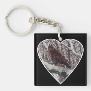 Buzzard On Snowy Branch Heart Frame Wildlife Key Ring