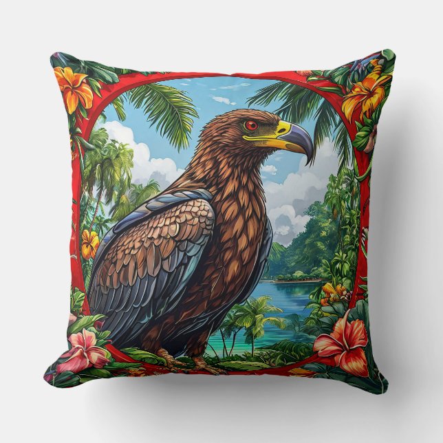 Buzzard Perched Amid Vibrant Tropical Landscape Cushion (Front)