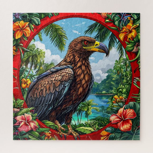 Buzzard Perched Amid Vibrant Tropical Landscape Jigsaw Puzzle (Vertical)