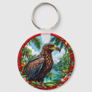 Buzzard Perched Amid Vibrant Tropical Landscape Key Ring