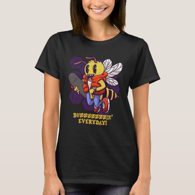 Buzzin Everyday Skater Bee Insect Skateboarder Bee T-Shirt (Front)