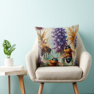 Buzzing Beauty Watercolor Bees & Blooms Cushion
