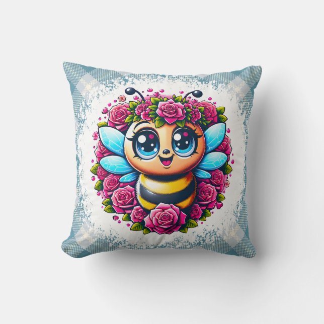 Buzzing Bee with Pink Roses Cushion (Front)