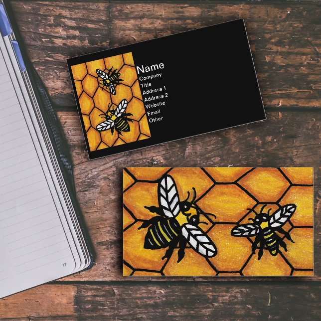 Buzzing Cute Bees Honeycomb Business Card (Cute buzzing black and yellow bees white wings on golden honeycomb on black business cards.)