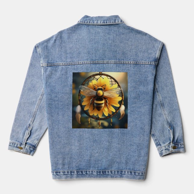 "Buzzing Dreams: Sunflower Bee Dreamcatcher" Denim Jacket (Back)