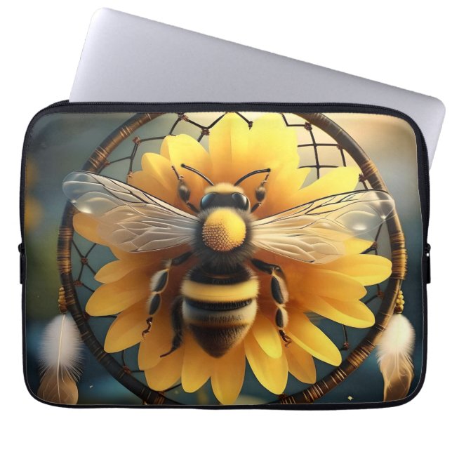 "Buzzing Dreams: Sunflower Bee Dreamcatcher" Laptop Sleeve (Front)