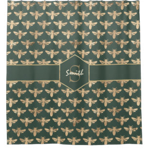 Buzzz- Elegant Gold HoneyBee Pattern on Dark Green Shower Curtain