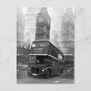 BW Black & White London Bus & Big Ben Postcard