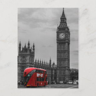 BW Black & White London Red Bus & Big Ben Postcard