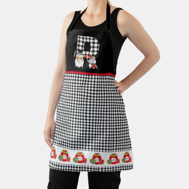 BW Buffalo Checks Pattern Monogram R | Snowman Apron (Insitu)