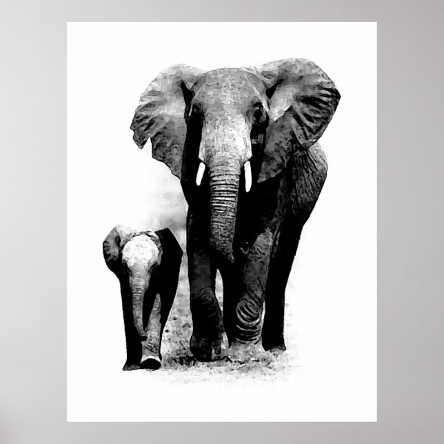BW Elephant & Baby Elephant Poster (Front)